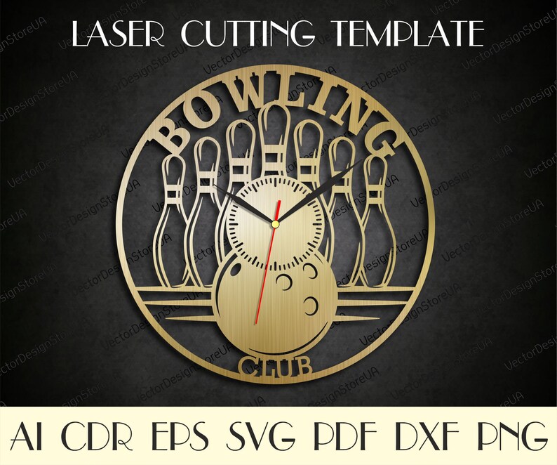May include: A laser-cut template for a bowling club clock. The clock features a gold-colored design with bowling pins, a bowling ball, and the words "BOWLING CLUB." The clock hands are red. The text "LASER CUTTING TEMPLATE" is at the top.