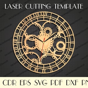 May include: A laser cut clock face design featuring a circular clock face with Roman numerals and intricate gear designs. The clock face is made of wood and has a rustic, vintage aesthetic.