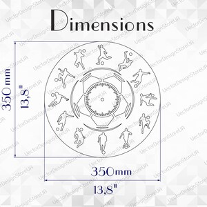 May include: A black and white line drawing of a soccer ball clock face with 12 soccer players in various poses around the clock. The clock face is 13.8 inches in diameter.