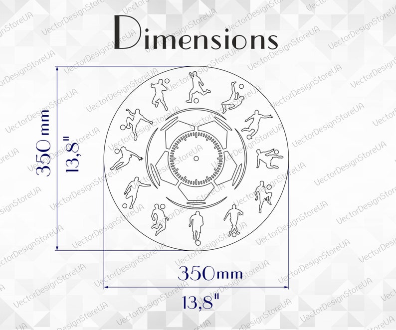 May include: A black and white line drawing of a soccer ball clock face with 12 soccer players in various poses around the clock. The clock face is 13.8 inches in diameter.