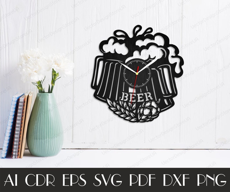 May include: Black and white clock with a beer mug design. The clock face has a black background with white numbers and hands. The beer mug is filled with foam and has the word "BEER" written on it.