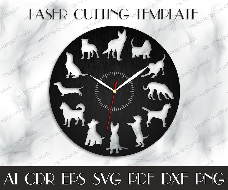 Peut inclure: Un mod&egrave;le de d&eacute;coupe laser d'horloge noir et blanc repr&eacute;sentant diff&eacute;rentes races de chiens. Le cadran de l'horloge est rond et pr&eacute;sente une texture en bois. Le mod&egrave;le comprend le texte "LASER CUTTING TEMPLATE".