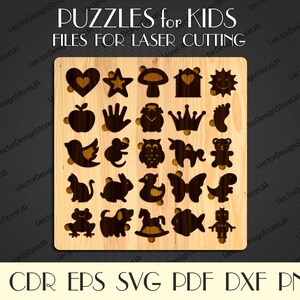 Op de afbeelding: Een houten puzzelbord met 24 verschillende vormen om uit te knippen. De vormen omvatten een hart, een ster, een paddenstoel, een huis, een zon, een appel, een hand, een uil, een kroon, een voet, een vogel, een muis, een eenhoorn, een teddybeer, een kat, een konijn, een eend, een vlinder, een dinosaurus, een kikker, een hond, een schommelpaard, een vis en een robot. Het bord is gemaakt van lichtbruin hout en de vormen zijn uitgeknipt in donkerbruin.