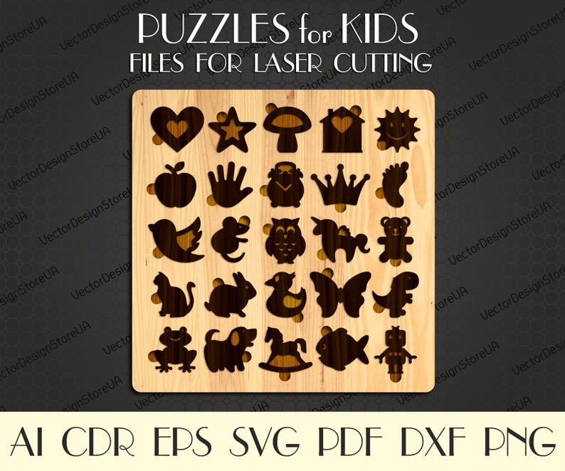Op de afbeelding: Een houten puzzelbord met 24 verschillende vormen om uit te knippen. De vormen omvatten een hart, een ster, een paddenstoel, een huis, een zon, een appel, een hand, een uil, een kroon, een voet, een vogel, een muis, een eenhoorn, een teddybeer, een kat, een konijn, een eend, een vlinder, een dinosaurus, een kikker, een hond, een schommelpaard, een vis en een robot. Het bord is gemaakt van lichtbruin hout en de vormen zijn uitgeknipt in donkerbruin.