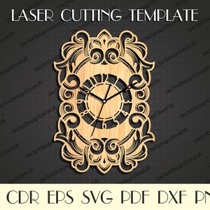 May include: A laser-cut wooden clock template with an ornate, scrolling border. The clock face features Roman numerals and black clock hands. The text "LASER CUTTING TEMPLATE" is at the top. File formats include AI, CDR, EPS, SVG, PDF, DXF, and PNG.