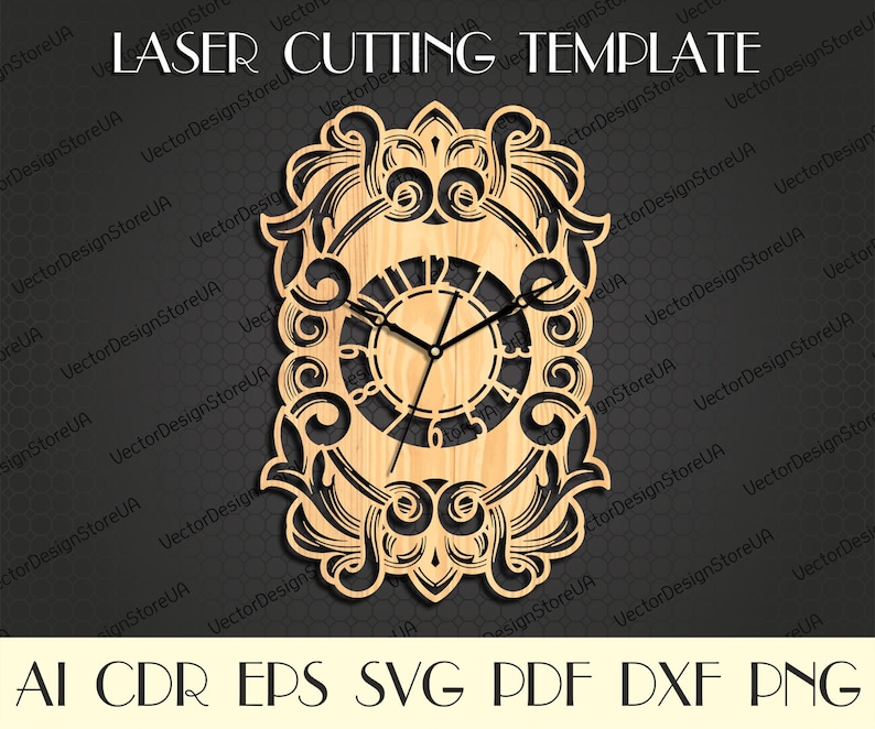 May include: A laser-cut wooden clock template with an ornate, scrolling border. The clock face features Roman numerals and black clock hands. The text "LASER CUTTING TEMPLATE" is at the top. File formats include AI, CDR, EPS, SVG, PDF, DXF, and PNG.