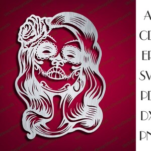 May include: A white silhouette of a woman's face with a flower in her hair. The face is styled with a skull-like design and a floral pattern. The background is a solid red.