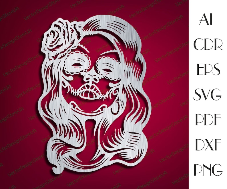 May include: A white silhouette of a woman's face with a flower in her hair. The face is styled with a skull-like design and a floral pattern. The background is a solid red.