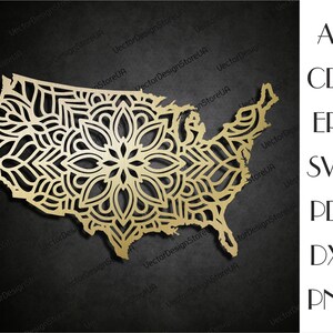 May include: A gold mandala design in the shape of the United States of America. This digital download is available in AI, CDR, EPS, SVG, PDF, DXF, and PNG formats.
