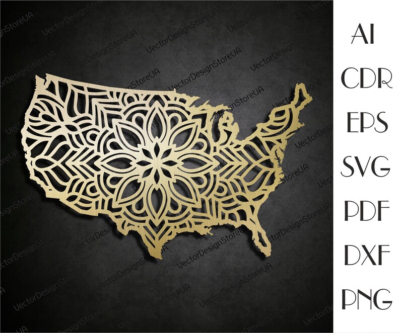 May include: A gold mandala design in the shape of the United States of America. This digital download is available in AI, CDR, EPS, SVG, PDF, DXF, and PNG formats.