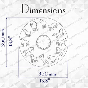 May include: A black and white line drawing of a clock face with horses around the edge. The clock face is 13.8 inches in diameter.