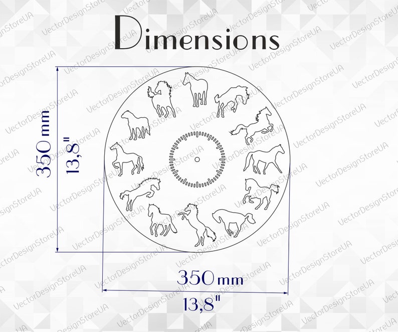 May include: A black and white line drawing of a clock face with horses around the edge. The clock face is 13.8 inches in diameter.