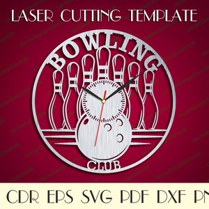 May include: A silver-colored laser-cut wall clock with a bowling theme. The clock features bowling pins, a ball, and the words "BOWLING CLUB." The text "LASER CUTTING TEMPLATE" is at the top. The clock hands are black. The background is a deep red.