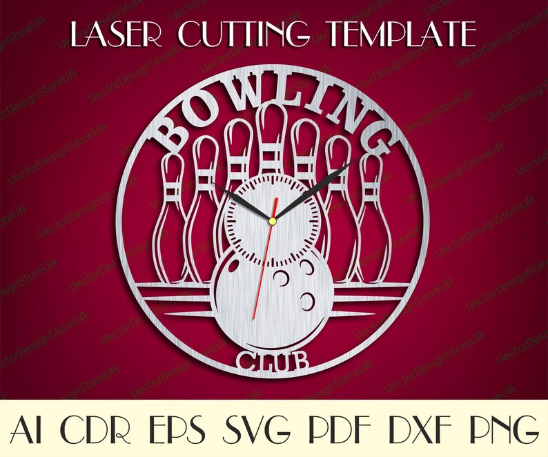 May include: A silver-colored laser-cut wall clock with a bowling theme. The clock features bowling pins, a ball, and the words "BOWLING CLUB." The text "LASER CUTTING TEMPLATE" is at the top. The clock hands are black. The background is a deep red.