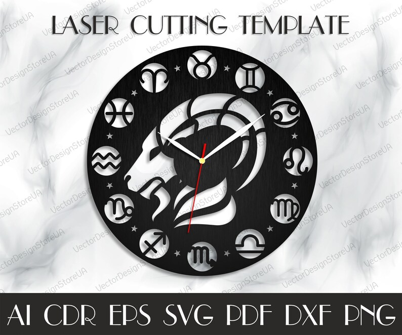 May include: A black and white laser cut clock design featuring the zodiac signs and a Capricorn symbol. The clock is round and has a wood grain texture. The text "LASER CUTTING TEMPLATE" is at the top of the image. The text "AI CDR EPS SVG PDF DXF PNG" is at the bottom of the image.