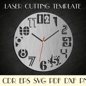 May include: A laser-cut metal clock template with a brushed silver finish. The clock face features cut-out numerals and hands, with a red second hand. The text "LASER CUTTING TEMPLATE" is at the top. Includes file formats: AI, CDR, EPS, SVG, PDF, DXF, PNG.