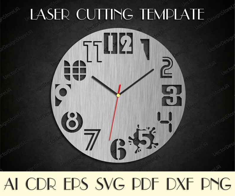 May include: A laser-cut metal clock template with a brushed silver finish. The clock face features cut-out numerals and hands, with a red second hand. The text "LASER CUTTING TEMPLATE" is at the top. Includes file formats: AI, CDR, EPS, SVG, PDF, DXF, PNG.