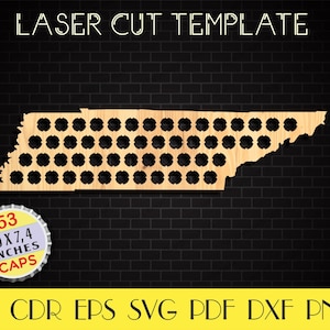 May include: Laser cut template of the state of Tennessee with 53 bottle cap holes. The template is made of wood and is 30 inches by 7.4 inches. The template is labelled "53 30 X 7,4 INCHES CAPS".