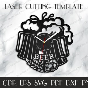 May include: Black and white laser cut design of a beer mug with foam on top, a clock face, and the word "BEER" below. The design includes a wheat stalk and a hop cone.