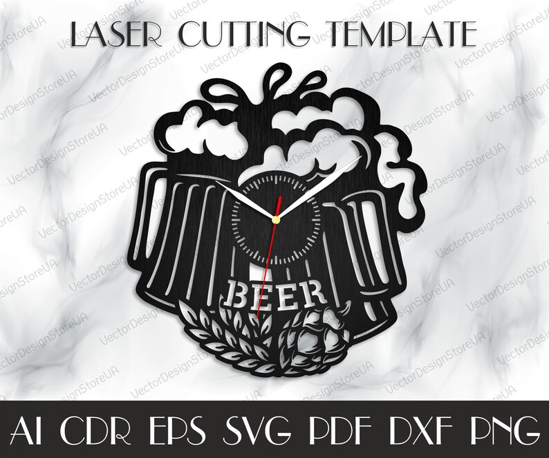 May include: Black and white laser cut design of a beer mug with foam on top, a clock face, and the word "BEER" below. The design includes a wheat stalk and a hop cone.