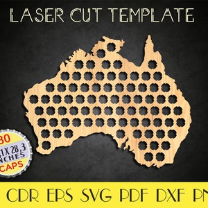 Puede incluir: Plantilla de corte por láser del contorno de Australia con 80 círculos para tapas de botellas. La plantilla está hecha de madera y mide 58,7 cm por 71,9 cm. El texto "80 CAPS" está en una tapa de botella.