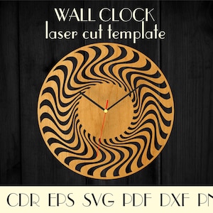 Puede incluir: Plantilla de corte por láser para un reloj de pared con un diseño de espiral negro y marrón. La esfera del reloj es un círculo con textura de madera.