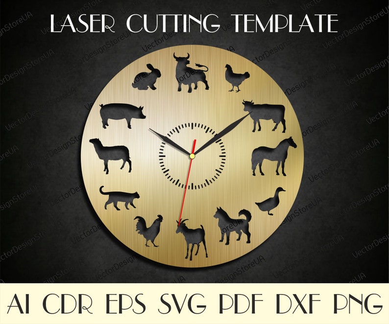 May include: A gold-colored clock face with a black clock hand and a red clock hand. The clock face is surrounded by a circle of animal silhouettes, including a bull, a pig, a sheep, a cat, a rooster, a goat, a dog, a duck, a horse, a cow, and a rabbit. The text "LASER CUTTING TEMPLATE" is at the top of the image. The text "AI CDR EPS SVG PDF DXF PNG" is at the bottom of the image.