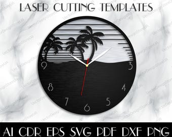 Sunset art,Sunset Beach clock svg,Sunset wall decor,Sunset svg,Beach Palm Tree,Rustic wall decor,Clock laser cut,Cnc file,Clock dxf WCM-265
