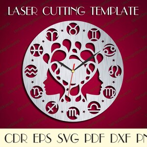 May include: A laser-cut template for a wall clock featuring a circular design with zodiac symbols and two female profiles. The clock hands are black with a red second hand. The text "LASER CUTTING TEMPLATE" is at the top, and file type options are at the bottom.