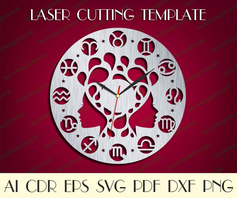 May include: A laser-cut template for a wall clock featuring a circular design with zodiac symbols and two female profiles. The clock hands are black with a red second hand. The text "LASER CUTTING TEMPLATE" is at the top, and file type options are at the bottom.