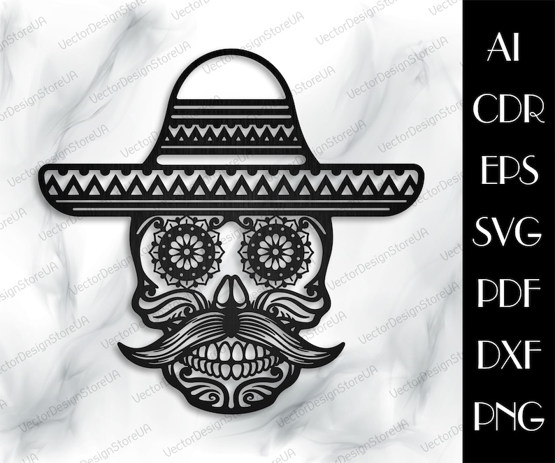 May include: Black and white digital illustration of a sugar skull wearing a sombrero. The skull has intricate floral designs around the eyes and a mustache.