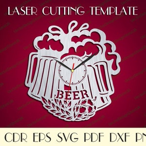May include: A laser cut clock template in the shape of a beer mug with a clock face in the center and the word "BEER" below. The template is designed for use with a laser cutter and can be used to create a unique and personalized clock.