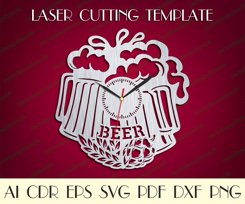 May include: A laser cut clock template in the shape of a beer mug with a clock face in the center and the word "BEER" below. The template is designed for use with a laser cutter and can be used to create a unique and personalized clock.
