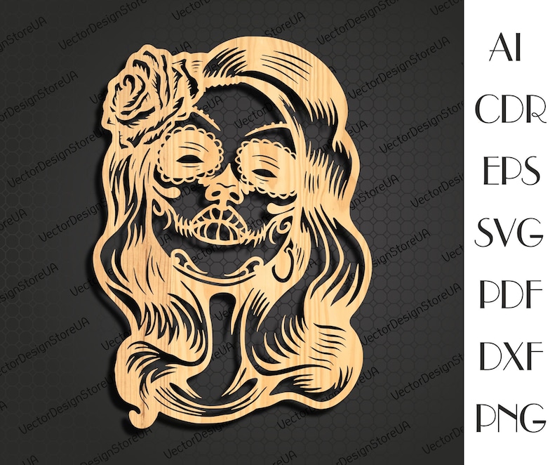 May include: A wood cutout of a woman's face with a sugar skull design. The woman has long, flowing hair and a rose in her hair. The sugar skull design is intricate and detailed, with black eyes and a black mouth.