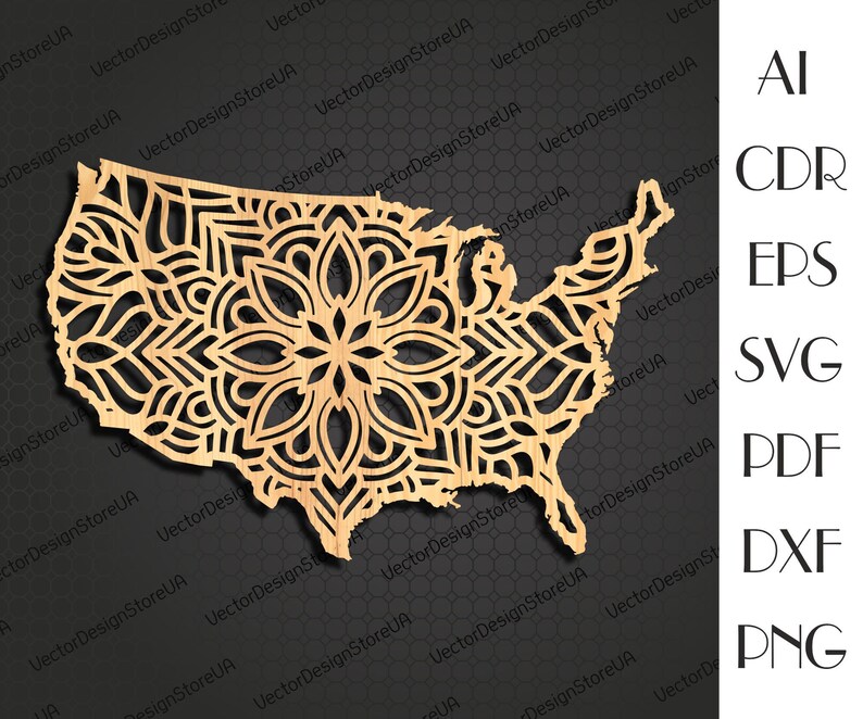 May include: A laser cut wooden outline of the United States with a mandala design inside. The mandala is intricate and detailed, with a variety of shapes and patterns.