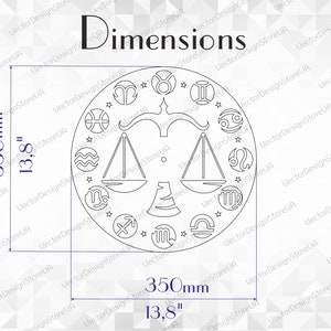 May include: A black and white line drawing of a zodiac wheel with the astrological signs of the zodiac. The wheel is 350 mm in diameter. The image includes the text "Dimensions".