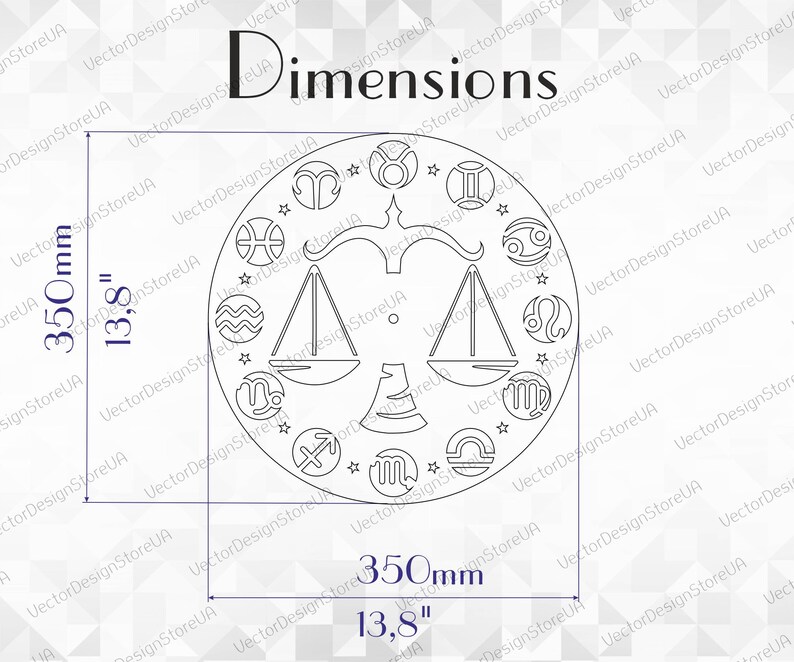 May include: A black and white line drawing of a zodiac wheel with the astrological signs of the zodiac. The wheel is 350 mm in diameter. The image includes the text "Dimensions".