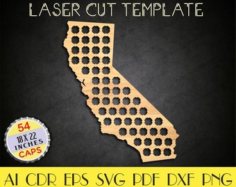 Arte de pared de California, mapa de tapas de cerveza de California dxf, soporte de tapas de cerveza de California, regalo para él, regalo del día del padre, planes CNC, archivos de corte láser LCT-40