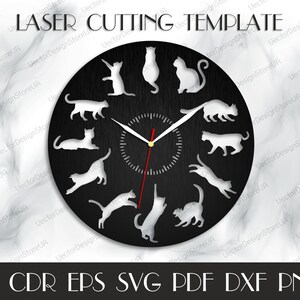 Decoración de pared de gatos, arte de pared de gatos, reloj de pared de gatos, gatos svg, regalo con gatos, me encantan los gatos, archivos cortados con láser, reloj svg, archivos Dxf para láser WCM-166 imagen 2