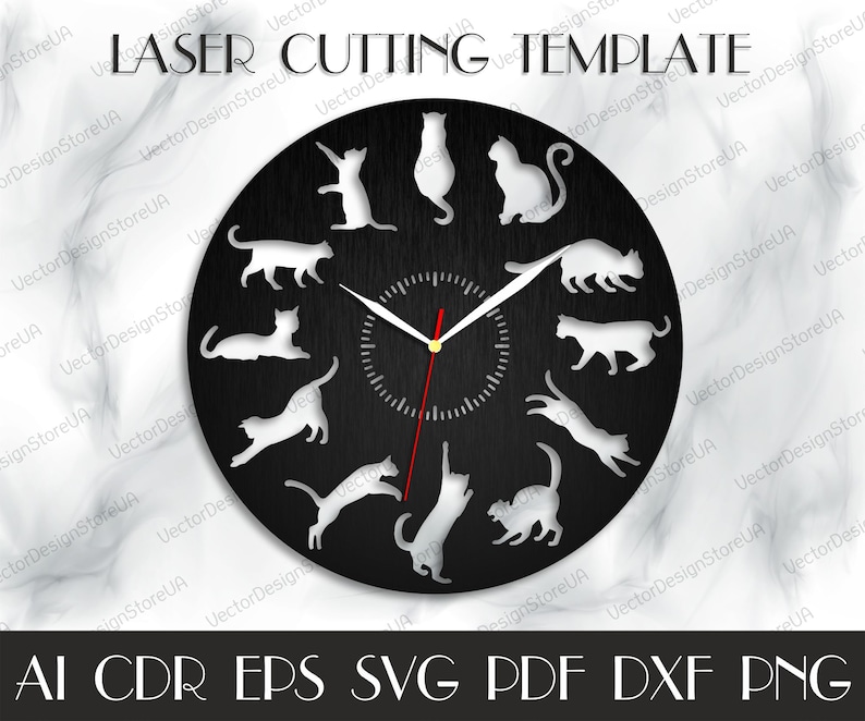 Decoración de pared de gatos, arte de pared de gatos, reloj de pared de gatos, gatos svg, regalo con gatos, me encantan los gatos, archivos cortados con láser, reloj svg, archivos Dxf para láser WCM-166 imagen 2