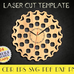 Może przedstawiać: Szablon do cięcia laserowego dla zegara wykonanego z drewna z 24 kółkami na korki od butelek. Szablon ma średnicę 35,1 cm i zawiera tekst "LASER CUT TEMPLATE", "24", "13.8X 13.8 INCHES CAPS", "AI CDR EPS SVG PDF DXF PNG".