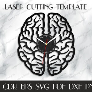 May include: Black and white laser cut design of a human brain with a clock face in the centre. The design is labelled "LASER CUTTING TEMPLATE" and includes the file formats AI, CDR, EPS, SVG, PDF, DXF, and PNG.