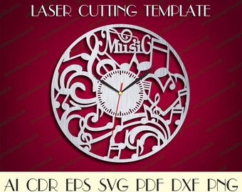 Music wall art,Music Clock svg,Music clock for wall,Music decor svg,Music gift,Laser cut template,Clock file,Laser cut files, WCM-103