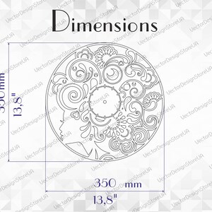 Puede incluir: Un dise&ntilde;o en blanco y negro de arte de l&iacute;nea de un rostro de mujer con intrincados patrones florales. El dise&ntilde;o tiene un di&aacute;metro de 13,8 pulgadas, o 350 mil&iacute;metros.