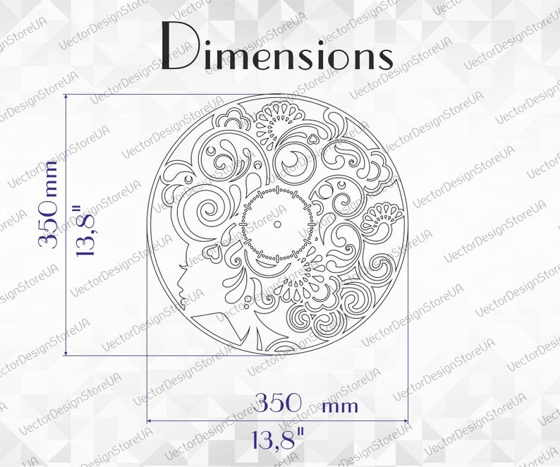 Puede incluir: Un dise&ntilde;o en blanco y negro de arte de l&iacute;nea de un rostro de mujer con intrincados patrones florales. El dise&ntilde;o tiene un di&aacute;metro de 13,8 pulgadas, o 350 mil&iacute;metros.