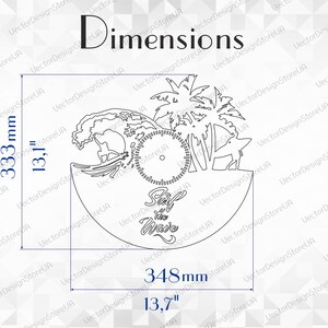May include: Black and white line art design of a surfer riding a wave with palm trees and the text "Surf in the Wave". The design is 13.1 inches tall and 13.7 inches wide.