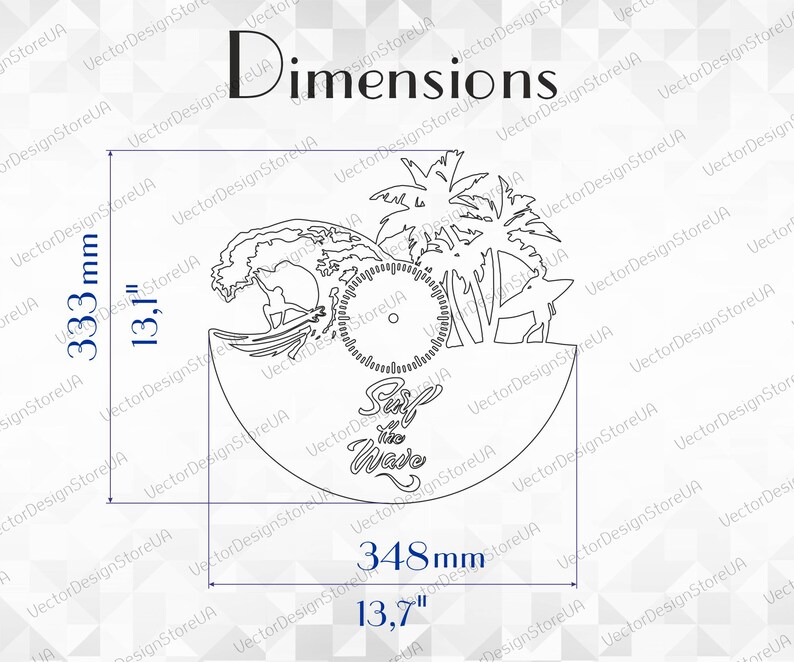 May include: Black and white line art design of a surfer riding a wave with palm trees and the text "Surf in the Wave". The design is 13.1 inches tall and 13.7 inches wide.
