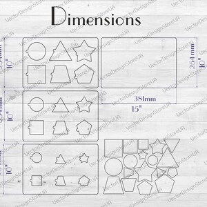 May include: A set of three stencils for crafting, each measuring 10 inches by 10 inches. The stencils feature various geometric shapes, including circles, squares, triangles, stars, and pentagons.