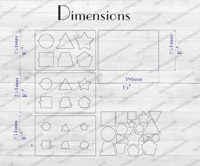 May include: A set of three stencils for crafting, each measuring 10 inches by 10 inches. The stencils feature various geometric shapes, including circles, squares, triangles, stars, and pentagons.