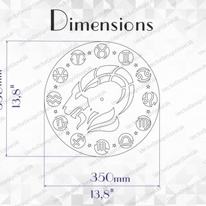 May include: A black and white line drawing of a zodiac wheel with the astrological sign of Capricorn in the centre. The wheel is 13.8 inches in diameter.